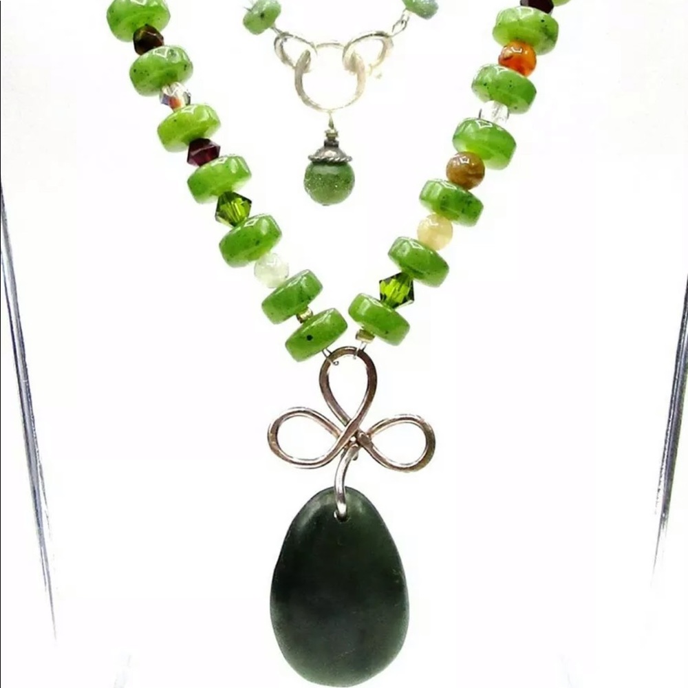 . 925 Vintage Jade & Amber & Optic Glass Necklace Gemstones Sterling Silver
